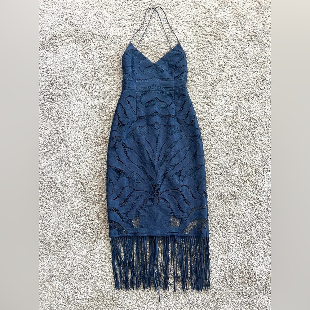Fringe Midi Navy Blue Lace Dress XS